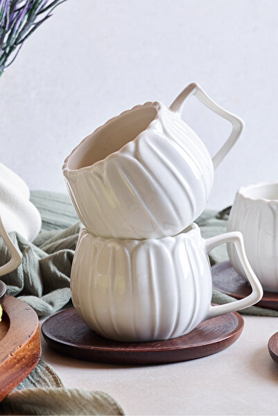 Perotti Dark Balkabağı 6'lı Akasya Tabaklı Modern Porselen Kahve Fincanı Seti