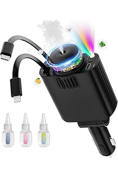 Generic 5-in-1 Car Charger with Aromatherapy and Starlight, 69W Fast Charging, Retractable USB-C and iOS Cab