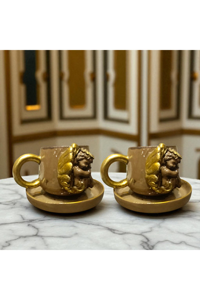 Boni Bon Collection Design 4 قطع من فناجين القهوة الخزفية المصنوعة يدويًا بتصميم ثلاثي الأبعاد مطلي بالذهب مع نقش الملائكة