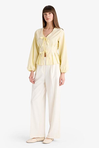 DeFacto Fitted V-Neck Front Tie-Up Poplin Long Sleeve Blouse G2178Ax25Wn