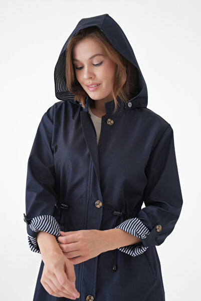 Ayşo Lacivert Rüzgar ve Su Geçirmez Çıkarılabilir kapüşonlu Bondit Kumaş Trençkot