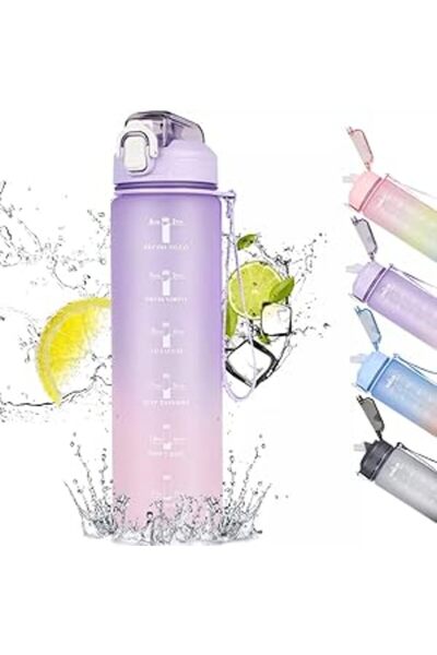 Generic iLLYS Water Bottle 1L / 32oz with Motivational Time Marker Straw Strainer Sport Plastic Bottles for