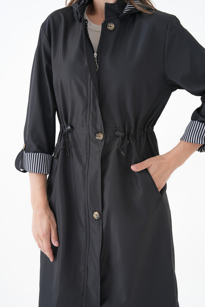 Ayşo Siyah Rüzgar ve Su Geçirmez Çıkarılabilir kapüşonlu Bondit Kumaş Trençkot