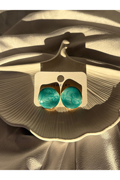 lesuvera Mavi Gold Simli Büyük Geometrik Yuvarlak Mermer Desen Renkli Küpe