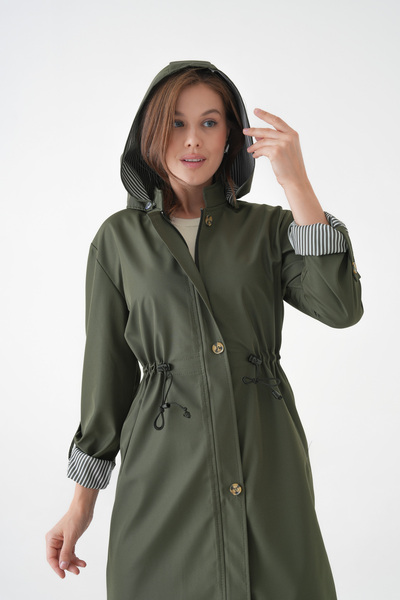 Ayşo Haki Rüzgar ve Su Geçirmez Çıkarılabilir kapüşonlu Bondit Kumaş Trençkot