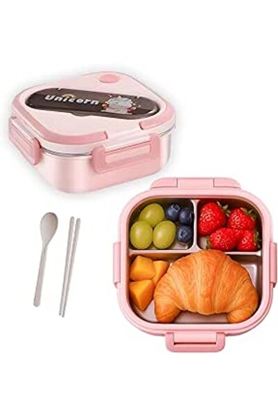 Generic OneLine Lunch Box for Kids, Tiffan Bento BOX Stainless Steel 3 Compartment for school nursery (Pink,