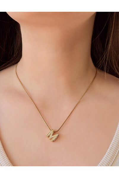 GİS JEWELRY Steel Gold Stone'M' Letter Necklace