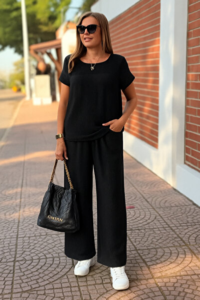 buğrahayalin Women's Short Sleeve Open Collar Aerobin Blouse and Trousers Double Suit