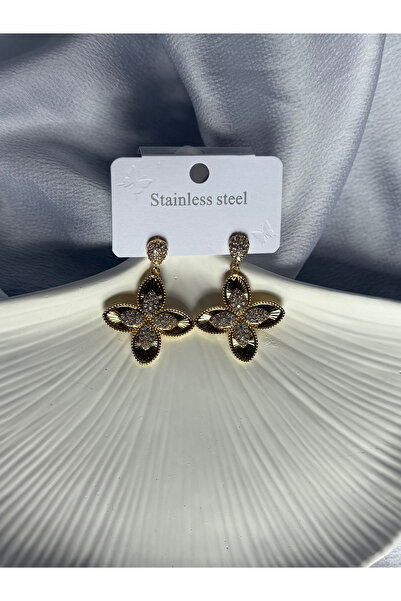 lesuvera Gold Zirkon Taşlı Yonca Desen Çiçek Şeklinde Sallantılı Şık Küpe