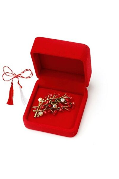 OEM Martisor brosa ramurele cu strasuri in cutie de catifea, rosu