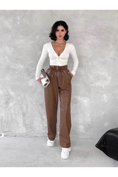 Işıltı kidss Self-thin belted leather pants coffee t1178
