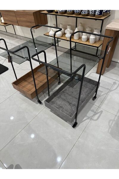 DEC13 Glass serving cart with wood in a distinctive design