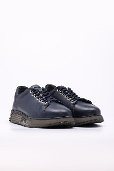 TUGERDİ Navy Blue Genuine Leather Lace-Up Eva Sole Men's Casual Shoes Tg09154131241411