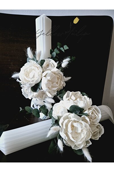 Yellow Tulip Set 2 lumanari cununie/ nunta 40 cm, realizat cu flori sola nemu...