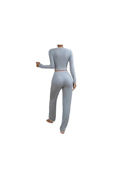 SOLOBUY Outlet Pyjama Sets Women Solid Pattern Crop Tops V Neck Long Sleeve Shirts Ruffles Pants