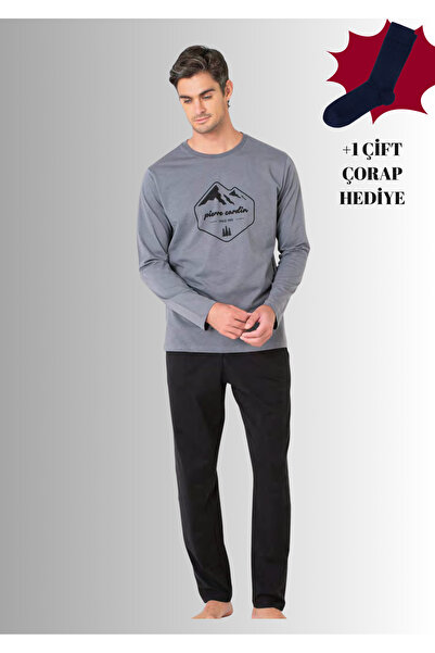 Pierre Cardin 100% Cotton Crew Neck Long Sleeve Straight Leg Pajama Set (with Socks as a Gift)