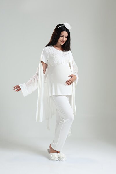 Lohusa Dünyasi Kadın Dantelli Bisiklet Yaka 3'Lü Lohusa Hamile Pijama Takım Set