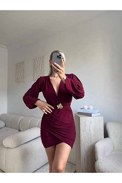 Zora Butik Kruvaze Önü Tokalı Elbise - BORDO