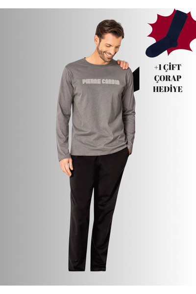 Pierre Cardin 100% Cotton Crew Neck Long Sleeve Straight Leg Pajama Set (with Socks as a Gift)