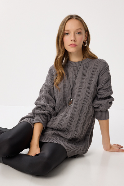 Lovelyİstanbul Pletený svetr s copánkovým vzorem oversize LNX0013 FUME