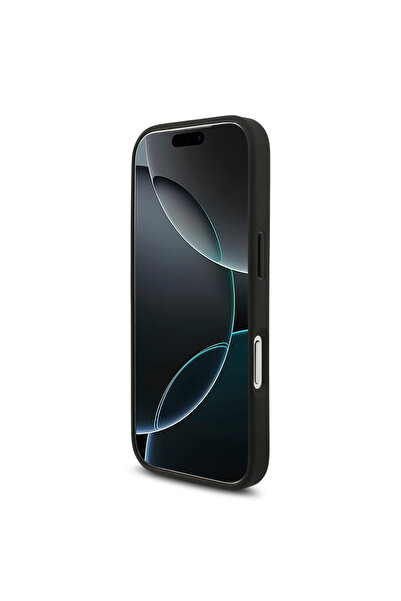 TUMI Leather iPhone 17 Pro case. iPhone 17 Pro case with a back grip to hold the phone or set it as a stand. Black phone case.