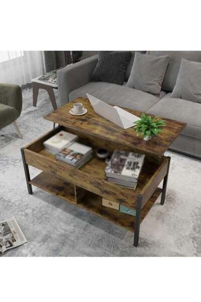Crestj Lift-Top Coffee Table with Smart Design and Multiple Functions, Brown Color with Metallic Legs