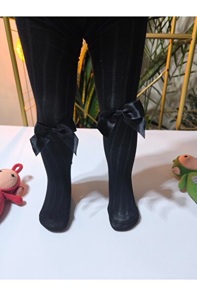 Ekinoks Baby Girl Children's Pantyhose Cotton Bow Ribbed Scented Black