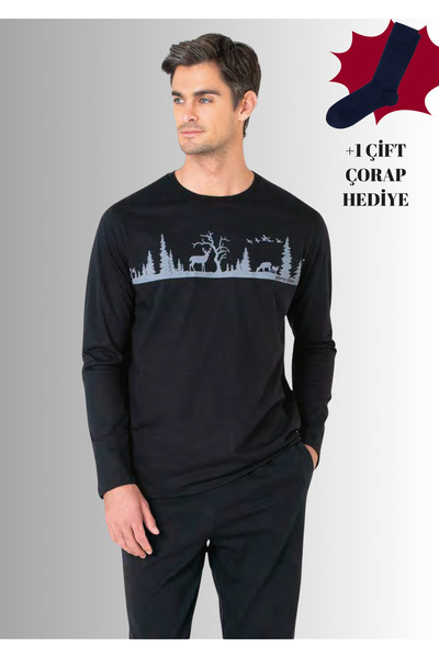 Pierre Cardin 100% бавовняний комплект піжами з довгими рукавами, коміром-стійкою та прямими штанинами (з шкарпетками в подарунок)