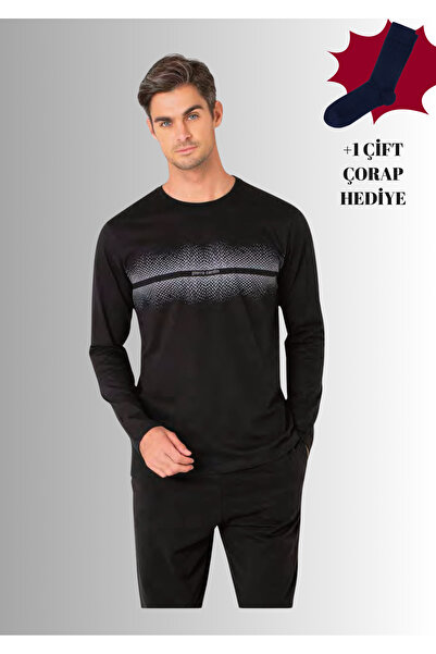Pierre Cardin %100 Pamuklu Bisiklet Yaka Uzun Kol Düz Paça Pijama Takımı (Çorap Hediyeli)