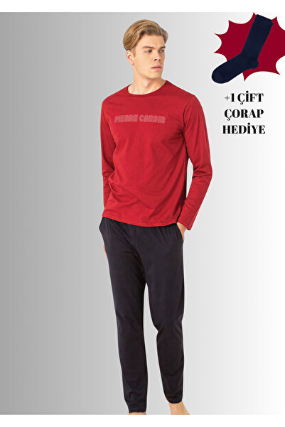 Pierre Cardin %100 Pamuklu Bisiklet Yaka Uzun Kol Düz Paça Pijama Takımı (Çorap Hediyeli)
