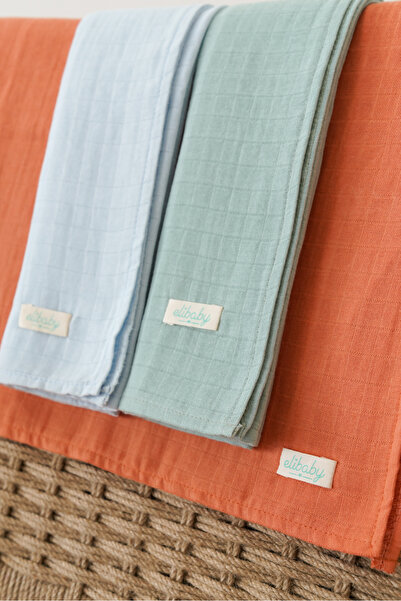 elibaby Set of 3 Organic Cotton Muslin Blankets (Cinnamon, Nil, Baby Blue 3 P...