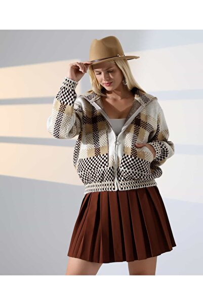 REDMİNA fashion Zippered Plaid Bomber Knit Cardigan