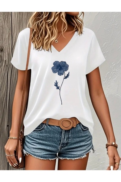 FUFLUNS تي شيرت نسائي كبير الحجم بطبعة زهور ورقبة على شكل حرف V
