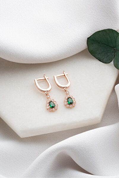 ESSARE 925 Ayar Gümüş Rose Kaplama U Model Zümrüt Taşlı Kadın Küpe