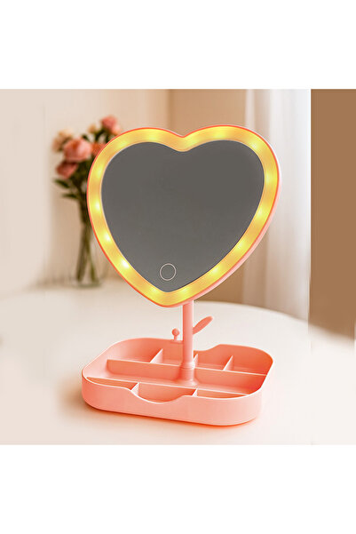 Genel Markalar Led Işıklı Pembe Kalpli Organizer Makyaj Aynas