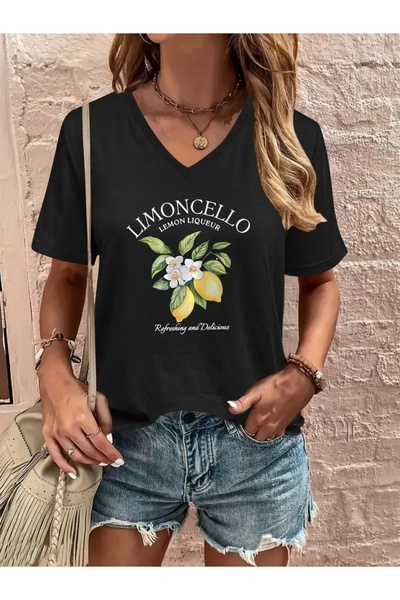 FUFLUNS تي شيرت نسائي كبير الحجم برقبة على شكل حرف V مطبوع عليه ليمونشيلو