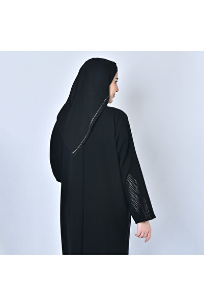 HAWRAA Black wrap abaya with embroidery on the sides of the abaya and sleeves in black and dark gray