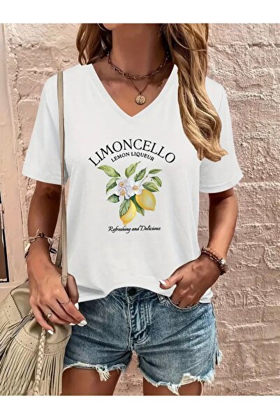 FUFLUNS تي شيرت نسائي كبير الحجم برقبة على شكل حرف V مطبوع عليه ليمونشيلو