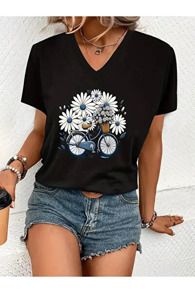 FUFLUNS تي شيرت نسائي كبير الحجم برقبة على شكل حرف V مطبوع عليه زهور ودراجة