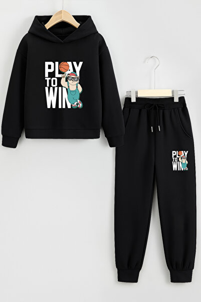 Let's Wear Play to Win Printed Children's Premium Compact Sweatshirt Tracksuit Set with Pockets - 2 Piece Sports Set