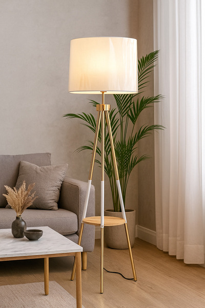 Living مصباح قائم بغطاء أبيض وقاعدة فولاذية ثلاثية القوائم مع رف دائري 165 سم