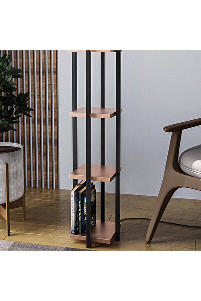 MOİRA Modern Abajur Başlıklı Dekoratif Kare Raflı Lambader Metal Gövde Siyah Bakır, Köşe Kitaplık Lambader