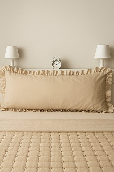 Pratic Home 1 Adet %100 Pamuklu Bej Renk Fermuarlı Fırfırlı Uzun Yastık Kılıfı 50x135 Cm