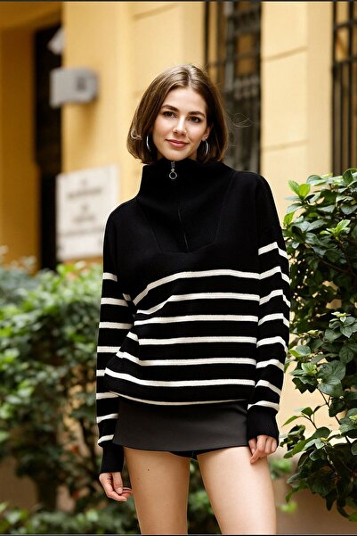 Cloudy Kids Women's Zippered High Neck Striped Black Knit Sweater