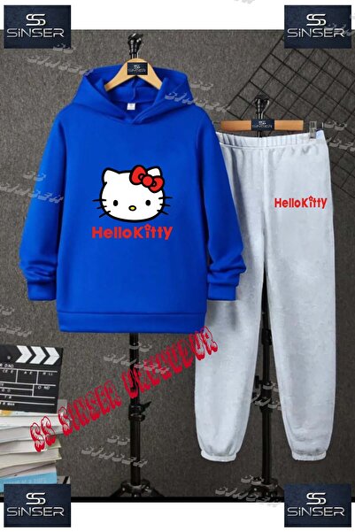 SS SİNSER Детски унисекс комплект спортен екип с качулка и надпис „HELLO KITT...