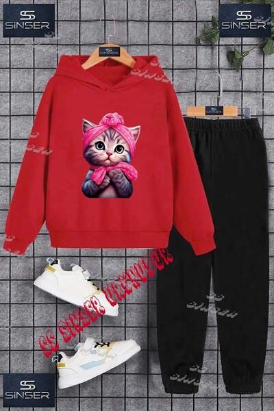 SS SİNSER Children's Unisex Printed Hooded Tracksuit Set with "Cat Half Pink ...