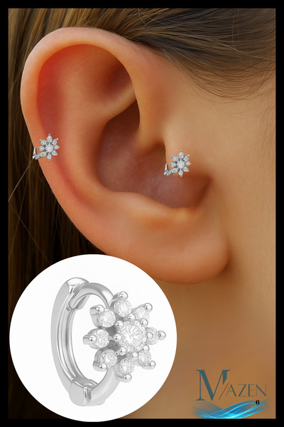 MAZEN 1 Adet Gümüş Kaplama Çiçek Model Tragus Helix Küpe | Kararmaz Kaliteli Piercing Küpe | Gümüş Renk