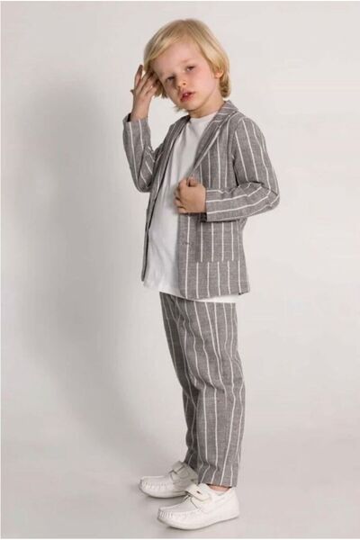 Kids Ceketli 3 Lü Erkek Çocuk Takım Elbise Keten Pamuklu Ceket Pantalon Tişört