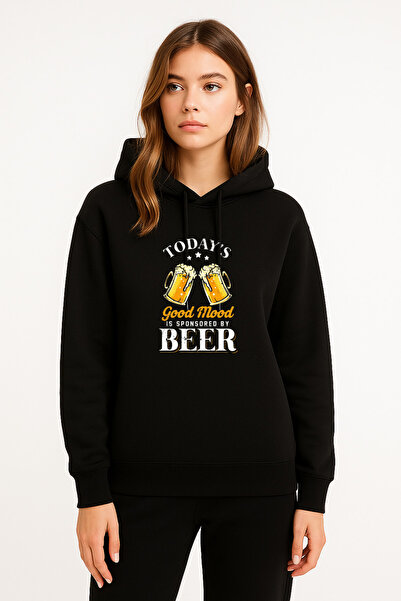 MODA Bira Günü Beer Day με τύπωμα Γυναικεία μαύρη μπλούζα με κουκούλα με κουκ...