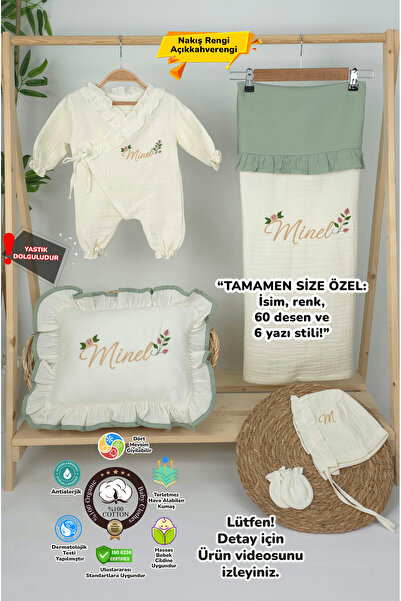 gros shop Müslin Yeni Doğan 4Katlı Organik %100Pamuk Kişiye Özgü Nakışlı Hast...